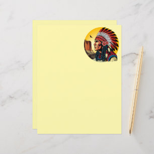 Native American Chief on wild Landscape Sunset