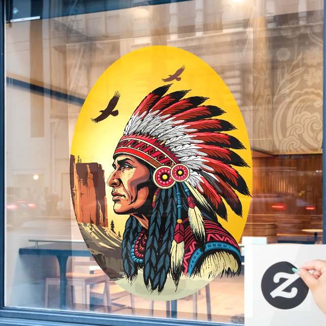 Native American Chief on wild Landscape Sunset (Cafe Window)