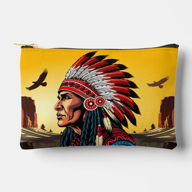 Native American Chief on wild Landscape Sunset Accessory Pouch (Front)