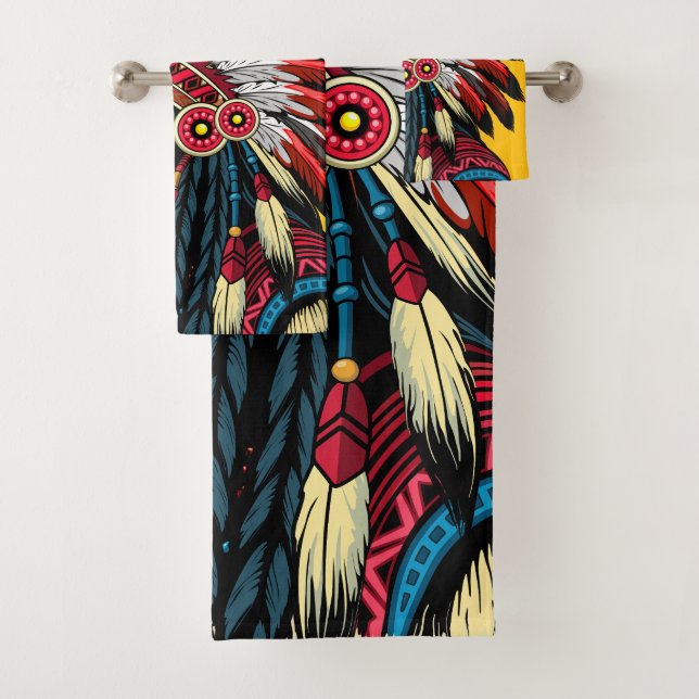 Native American Chief on wild Landscape Sunset Bath Towel Set (Insitu)