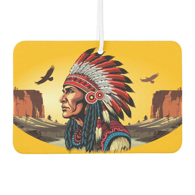 Native American Chief on wild Landscape Sunset Car Air Freshener (Front)