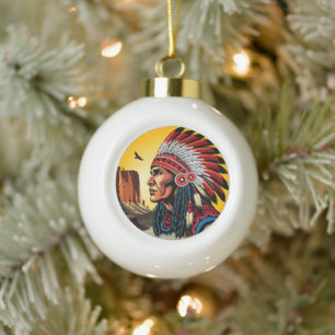 Native American Chief on wild Landscape Sunset Ceramic Ball Christmas Ornament