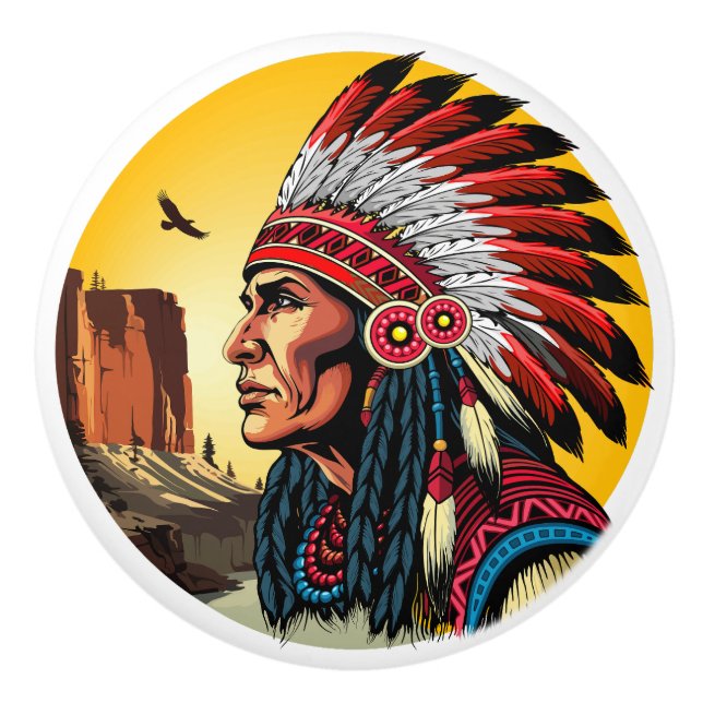 Native American Chief on wild Landscape Sunset Ceramic Knob (Front)
