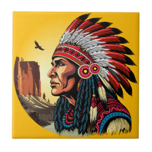 Native American Chief on wild Landscape Sunset Ceramic Tile