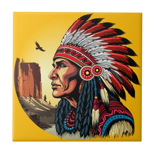 Native American Chief on wild Landscape Sunset Ceramic Tile (Front)