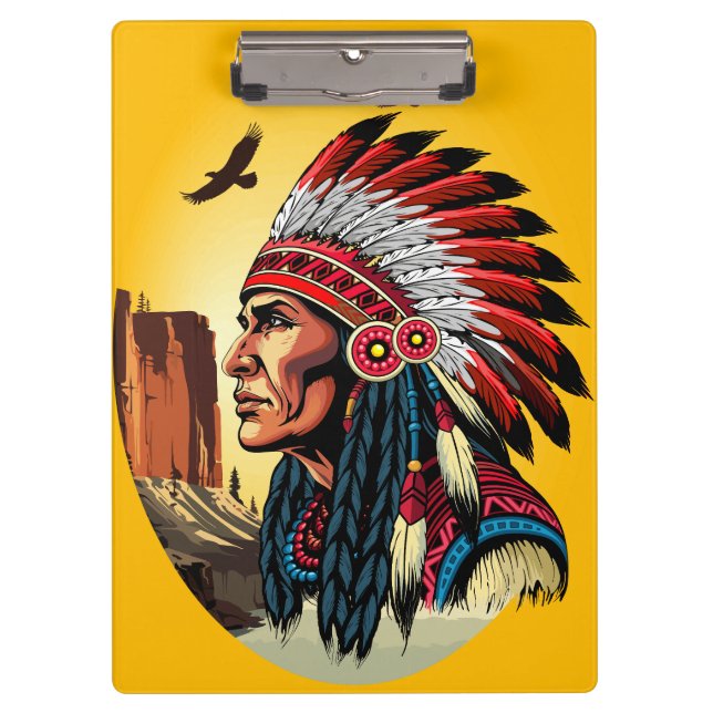 Native American Chief on wild Landscape Sunset Clipboard (Front)
