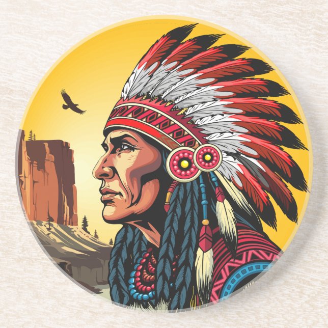 Native American Chief on wild Landscape Sunset Coaster (Front)