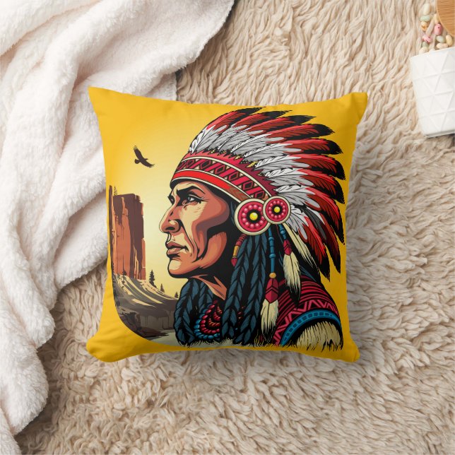 Native American Chief on wild Landscape Sunset Cushion (Blanket)