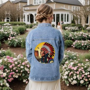 Native American Chief on wild Landscape Sunset Denim Jacket