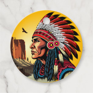 Native American Chief on wild Landscape Sunset Favour Tags