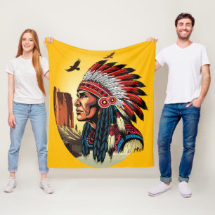 Native American Chief on wild Landscape Sunset Fleece Blanket