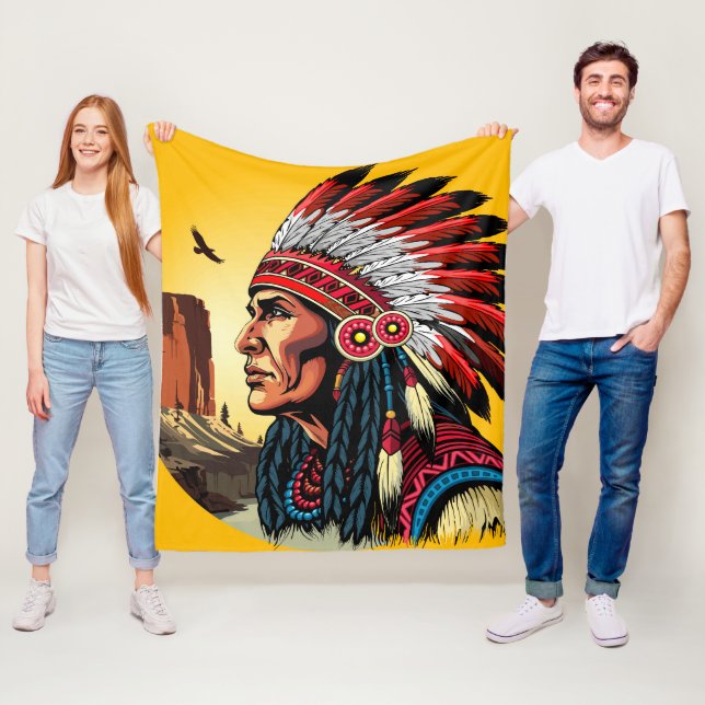 Native American Chief on wild Landscape Sunset Fleece Blanket (In Situ)