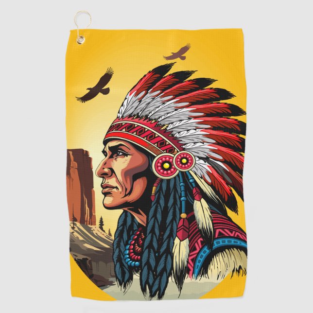 Native American Chief on wild Landscape Sunset Golf Towel (Front)