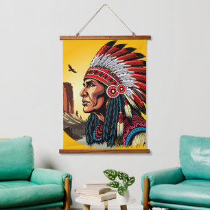 Native American Chief on wild Landscape Sunset Hanging Tapestry