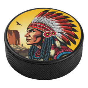 Native American Chief on wild Landscape Sunset Hockey Puck