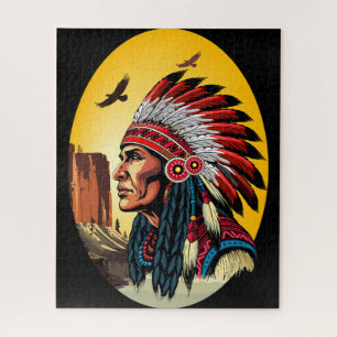 Native American Chief on wild Landscape Sunset Jigsaw Puzzle