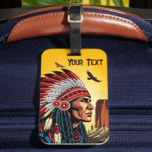 Native American Chief on wild Landscape Sunset Luggage Tag