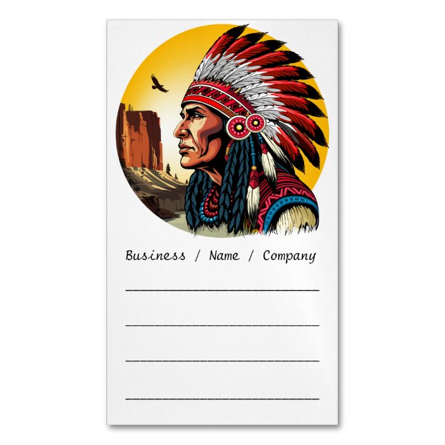 Native American Chief on wild Landscape Sunset Magnetic Business Card (Front Vertical)