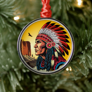 Native American Chief on wild Landscape Sunset Metal Ornament