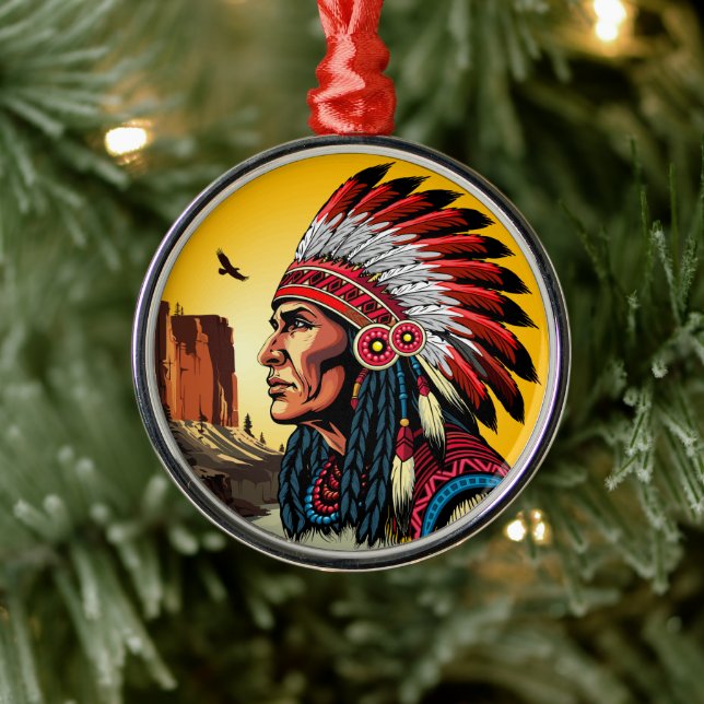 Native American Chief on wild Landscape Sunset Metal Ornament (Tree)