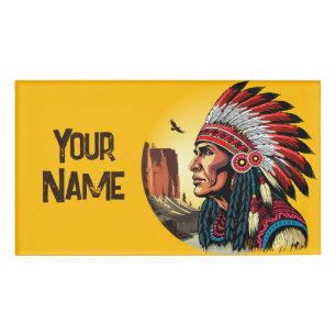 Native American Chief on wild Landscape Sunset Name Tag