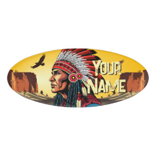 Native American Chief on wild Landscape Sunset Name Tag