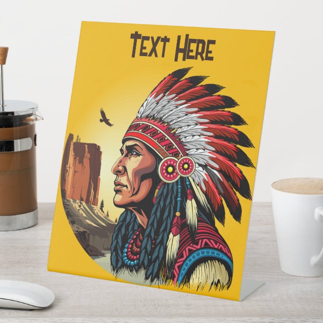 Native American Chief on wild Landscape Sunset Pedestal Sign (In SItu)