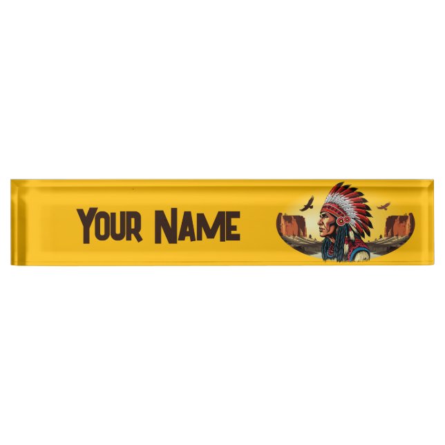 Native American Chief on wild Landscape Sunset Pen Nameplate (Front)