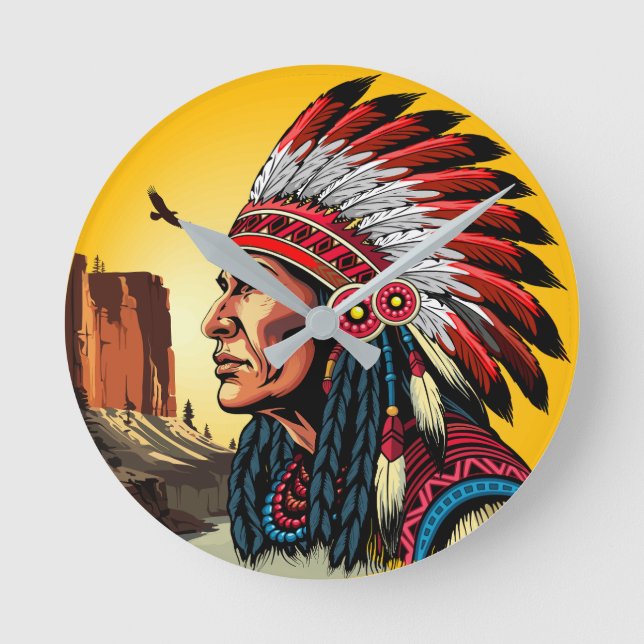 Native American Chief on wild Landscape Sunset Round Clock (Front)