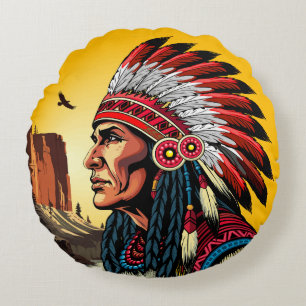 Native American Chief on wild Landscape Sunset Round Cushion