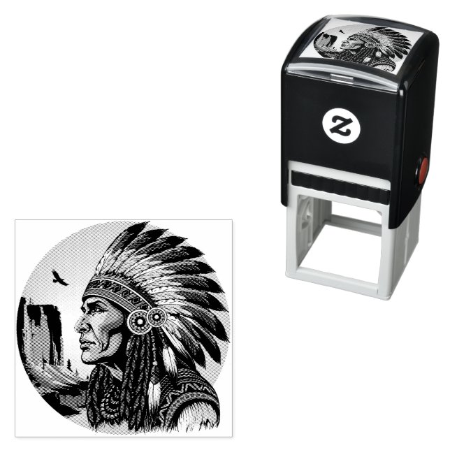 Native American Chief on wild Landscape Sunset Self-inking Stamp (In Situ)
