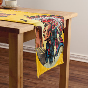 Native American Chief on wild Landscape Sunset Short Table Runner