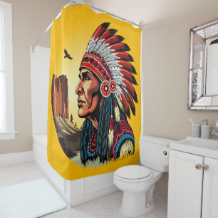 Native American Chief on wild Landscape Sunset Shower Curtain