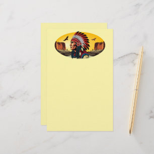 Native American Chief on wild Landscape Sunset Stationery