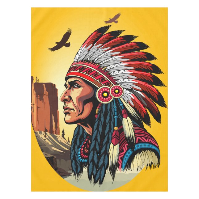 Native American Chief on wild Landscape Sunset Tablecloth (Front)