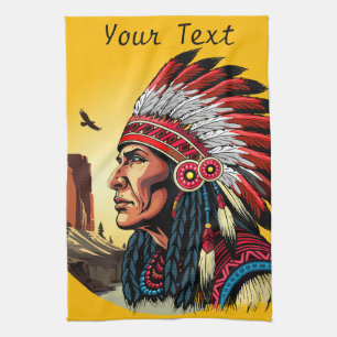 Native American Chief on wild Landscape Sunset Tea Towel