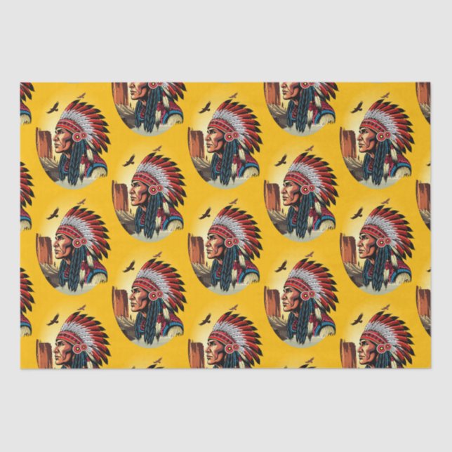 Native American Chief on wild Landscape Sunset Tissue Paper (Front)