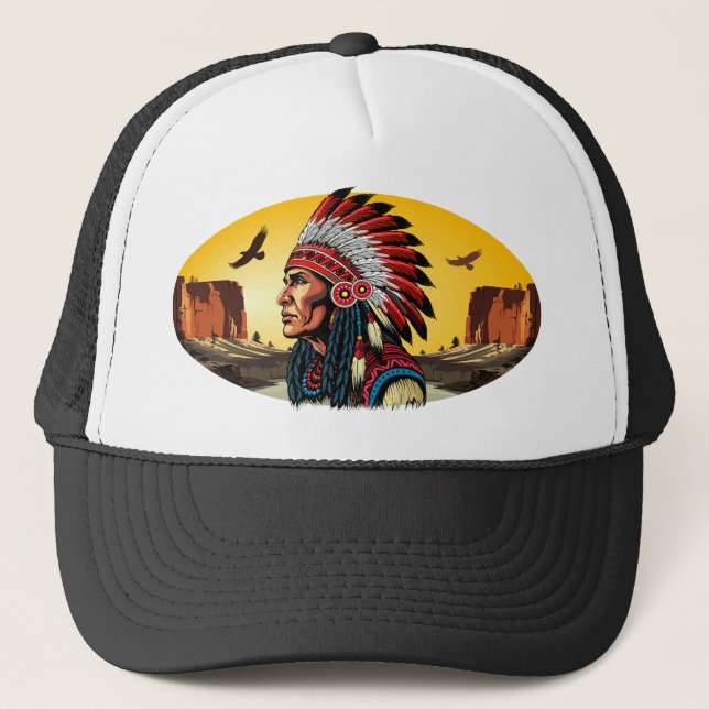 Native American Chief on wild Landscape Sunset Trucker Hat (Front)