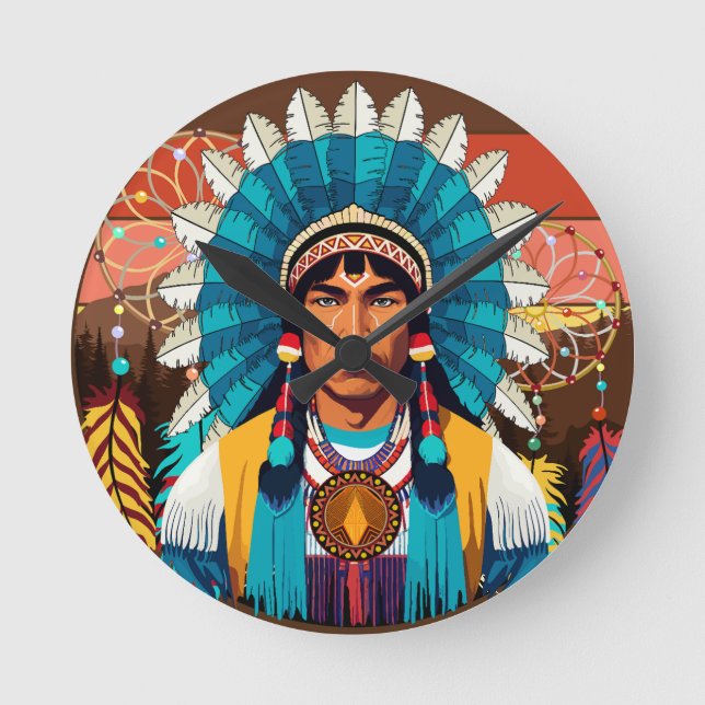 Native American Chief Powerful Portrait Round Clock (Front)