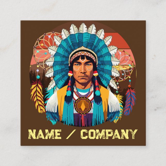 Native American Chief Powerful Portrait Square Business Card (Front)