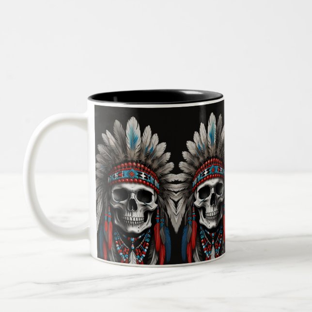 Native American Chief Skull with Headdress Two-Tone Coffee Mug (Left)