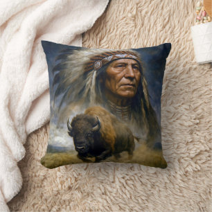 Native American Chief with Charging Buffalo Cushion