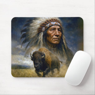 Native American Chief with Charging Buffalo Mouse Pad