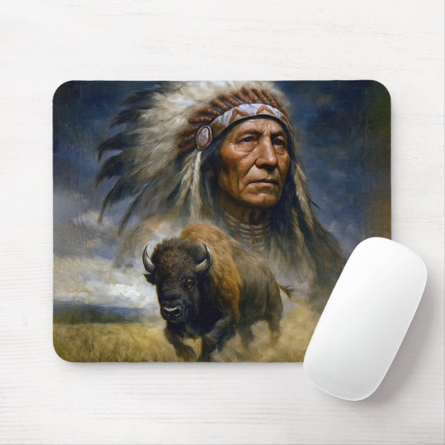 Native American Chief with Charging Buffalo Mouse Pad (With Mouse)