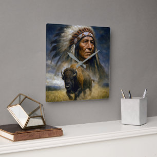 Native American Chief with Charging Buffalo Square Wall Clock