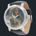 Native American Chief with Charging Buffalo Watch<br><div class="desc">A captivating watercolor painting that features a Native American chief in a feathered headdress and a charging buffalo,  united in a powerful double exposure effect against the dramatic backdrop of a stormy sky over the American Great Plains</div>