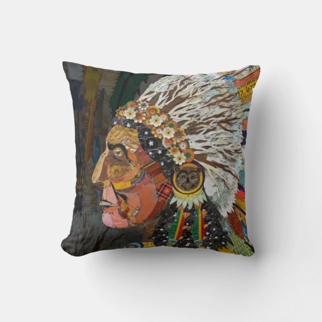 Native American Colourful Headdress Chief Cushion (Front)