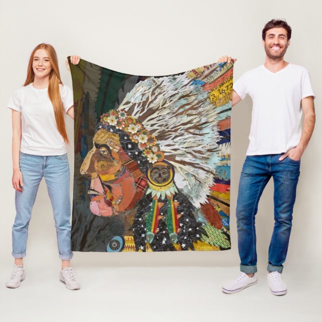 Native American Colourful Headdress Chief Fleece Blanket (In Situ)