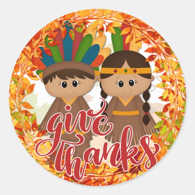 Native American Couple - Give Thanks Classic Round Sticker (Front)