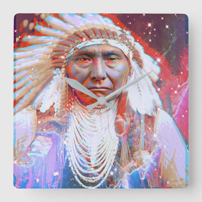 Native American  Crazy Horse Square Wall Clock (Front)